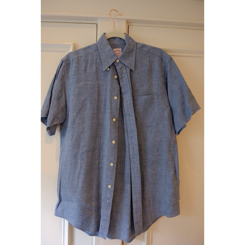 Mens BROOKS BROTHERS Regent Button Down Irish Linen Short Sleeve Shirt L Blue